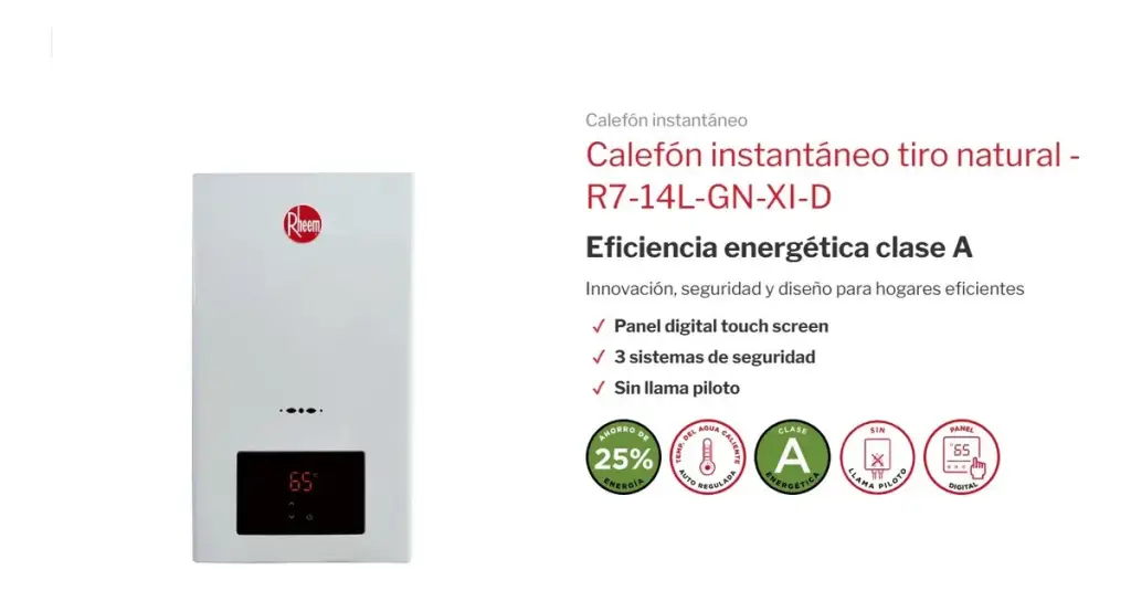 Calefon Rheem 14litros GN Tiro Natural sin llama piloto