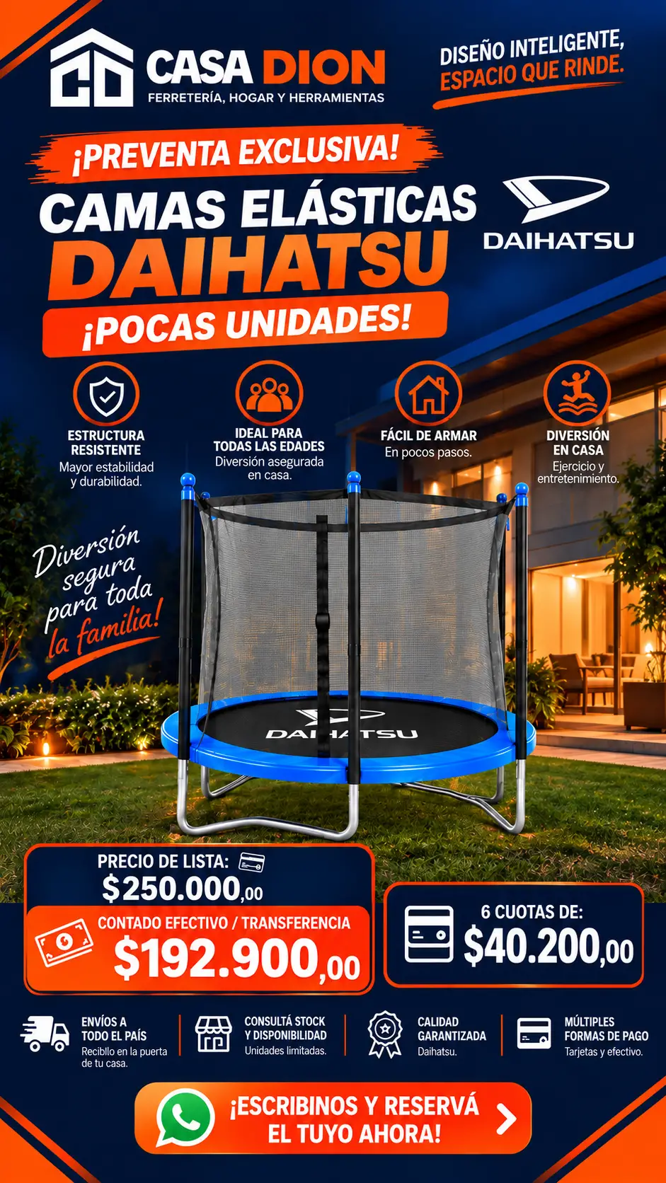 Cama Elástica Daihatsu 1,80 m Cód. ML-CE18/BU - Con Red De Seguridad Y Cubre Resortes