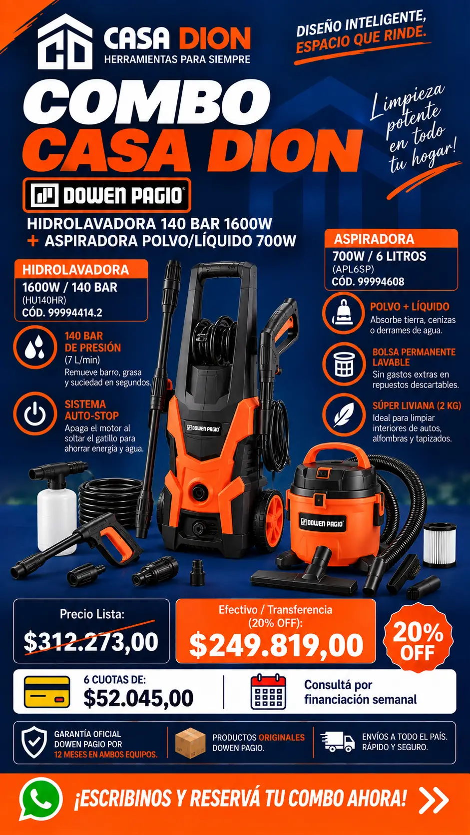Combo  - Hidrolavadora Alta Presión 140 Bar 1600W + Aspiradora Polvo Y Líquido 6L 700W