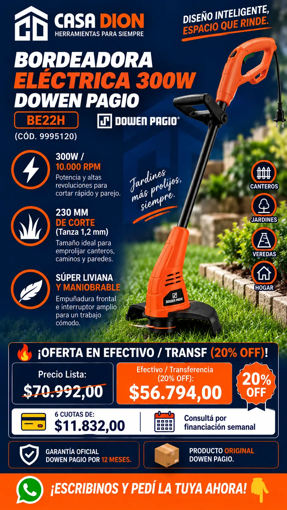 Bordeadora Eléctrica De Césped Dowen Pagio 300W Cód. 9995120 (BE22H) - 10.000 RPM