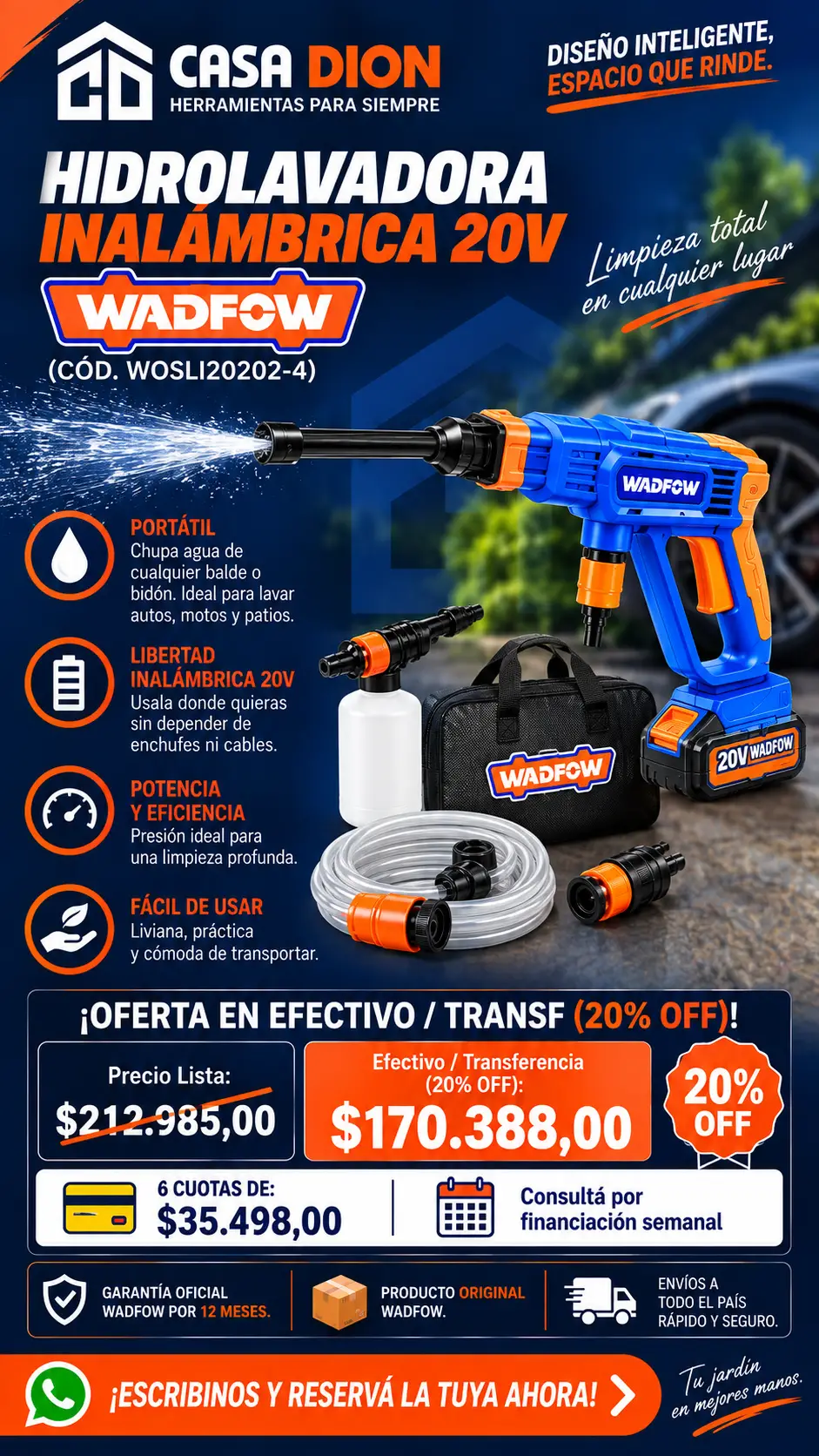 COMBO INALÁMBRICO 20V WADFOW: HIDROLAVADORA + ASPIRADORA DE MANO