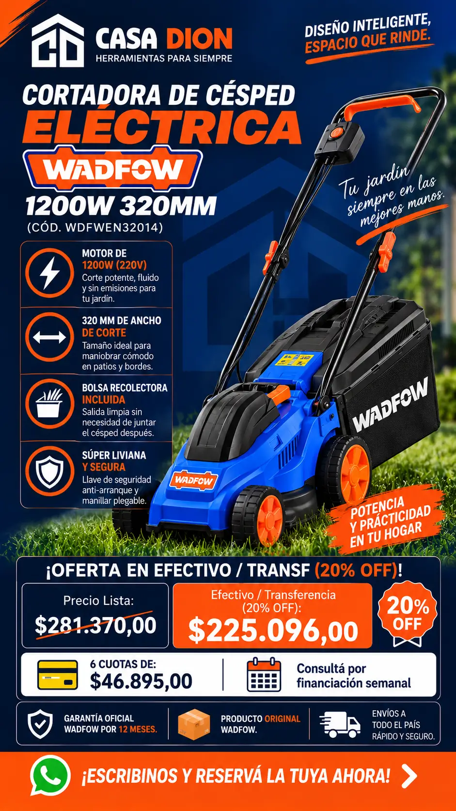 CORTADORA DE CÉSPED ELÉCTRICA 1200W WADFOW 320 MM (CÓD. WDFWEN32014)
