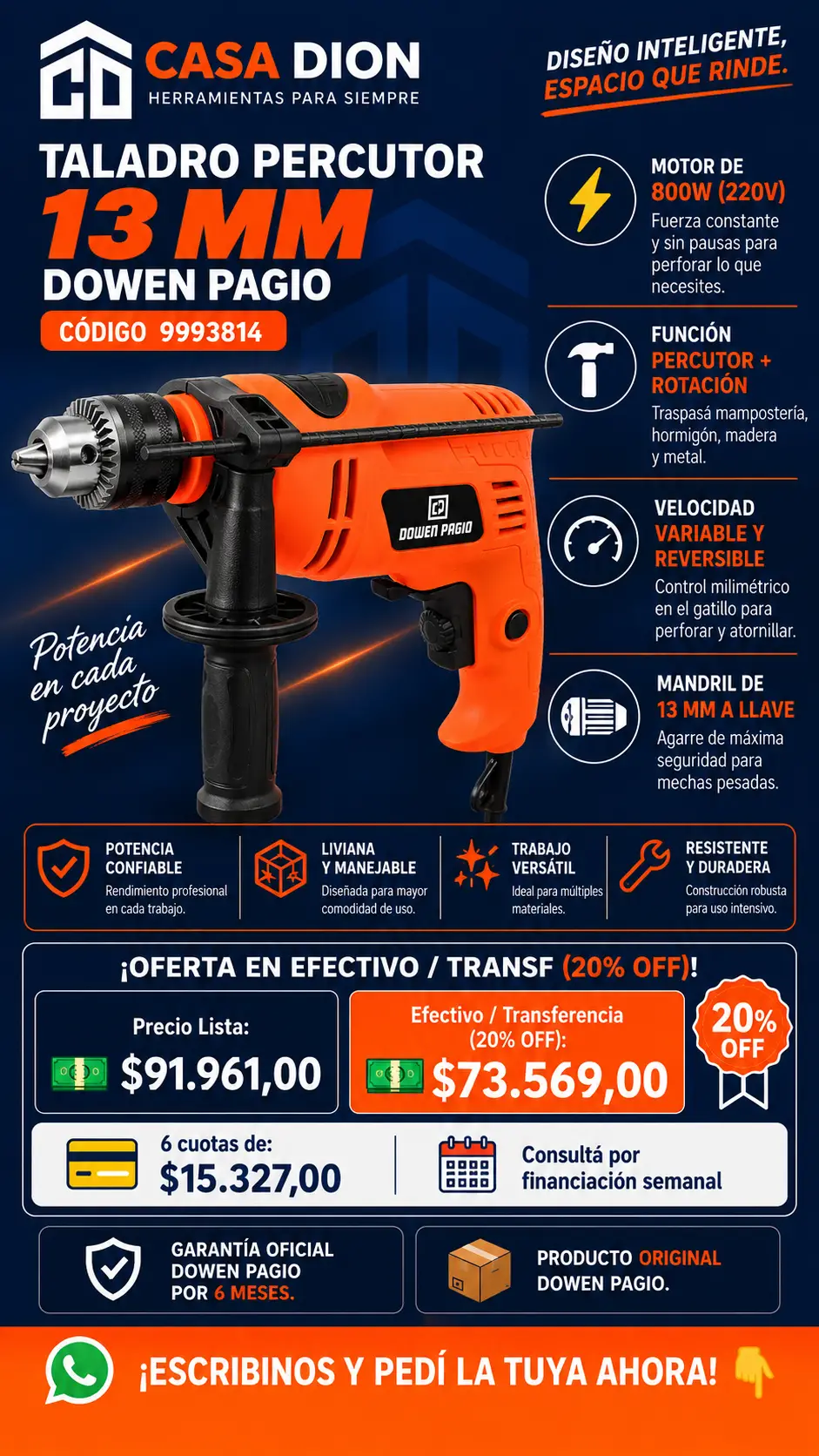 Taladro Percutor Eléctrico De 13 mm 800W Dowen Pagio Cód. 9993814 - Velocidad Variable Y Reversible