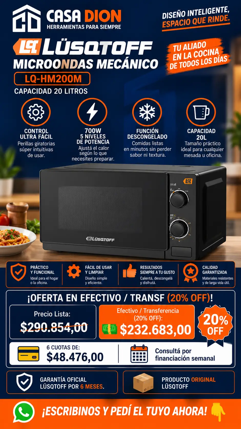 Microondas Mecánico Lüsqtoff 20 Litros Cód. LQ-HM200M - 700W Con Función Descongelado