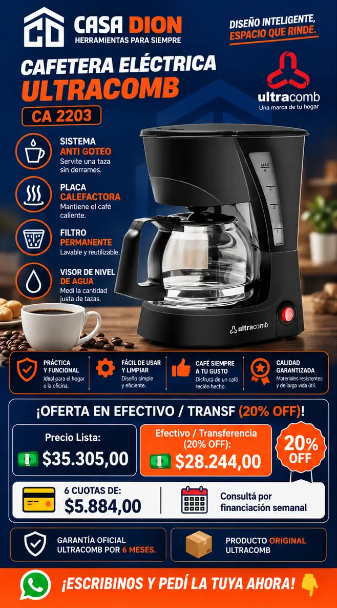 Cafetera Eléctrica De Goteo Cód. CA 2203 - Jarra De Vidrio Y Sistema Antigoteo