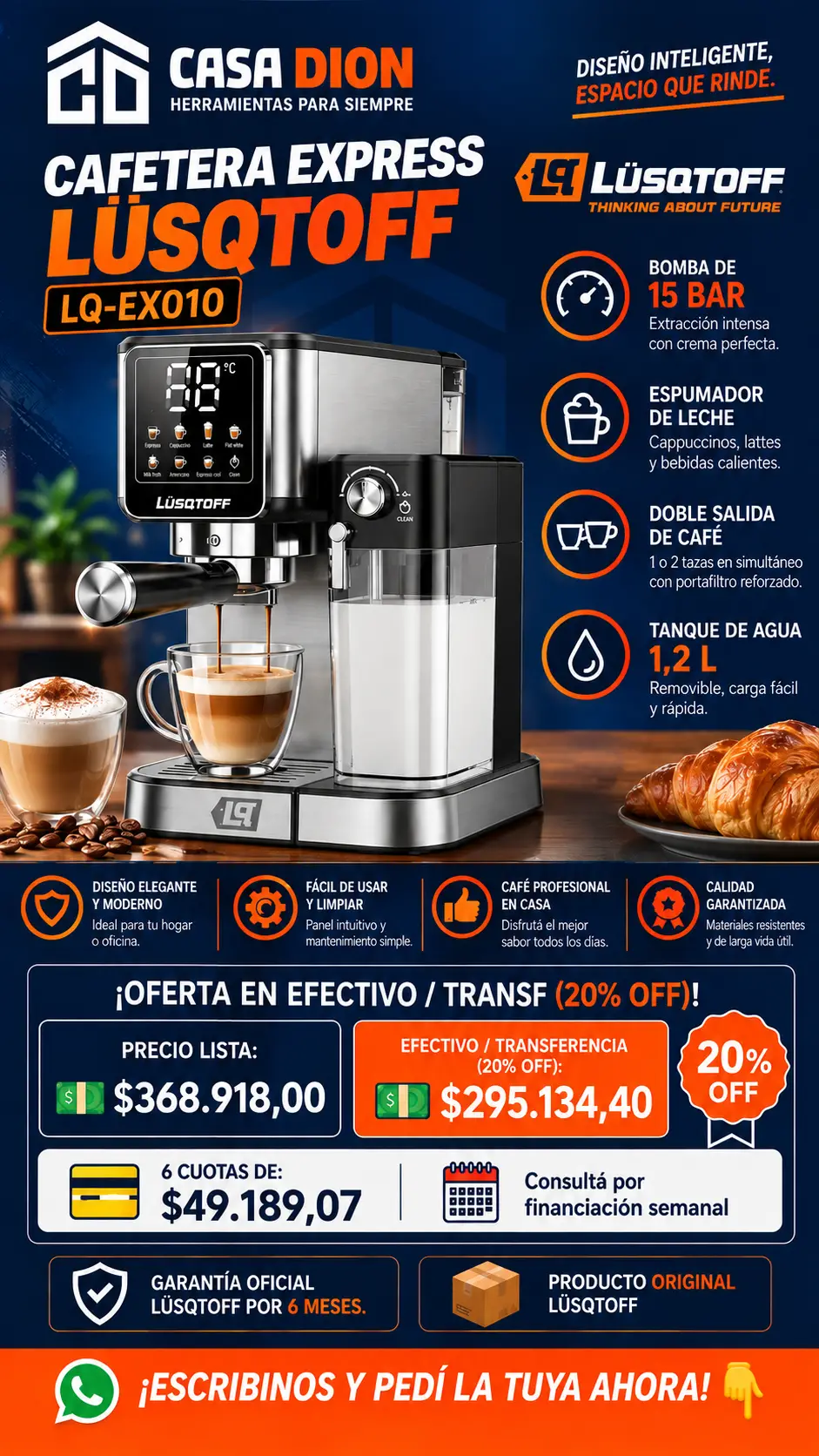 Cafetera Expresso Lüsqtoff Cód. LQ-EX010 - 15 Bar De Presión Con Espumador De Leche
