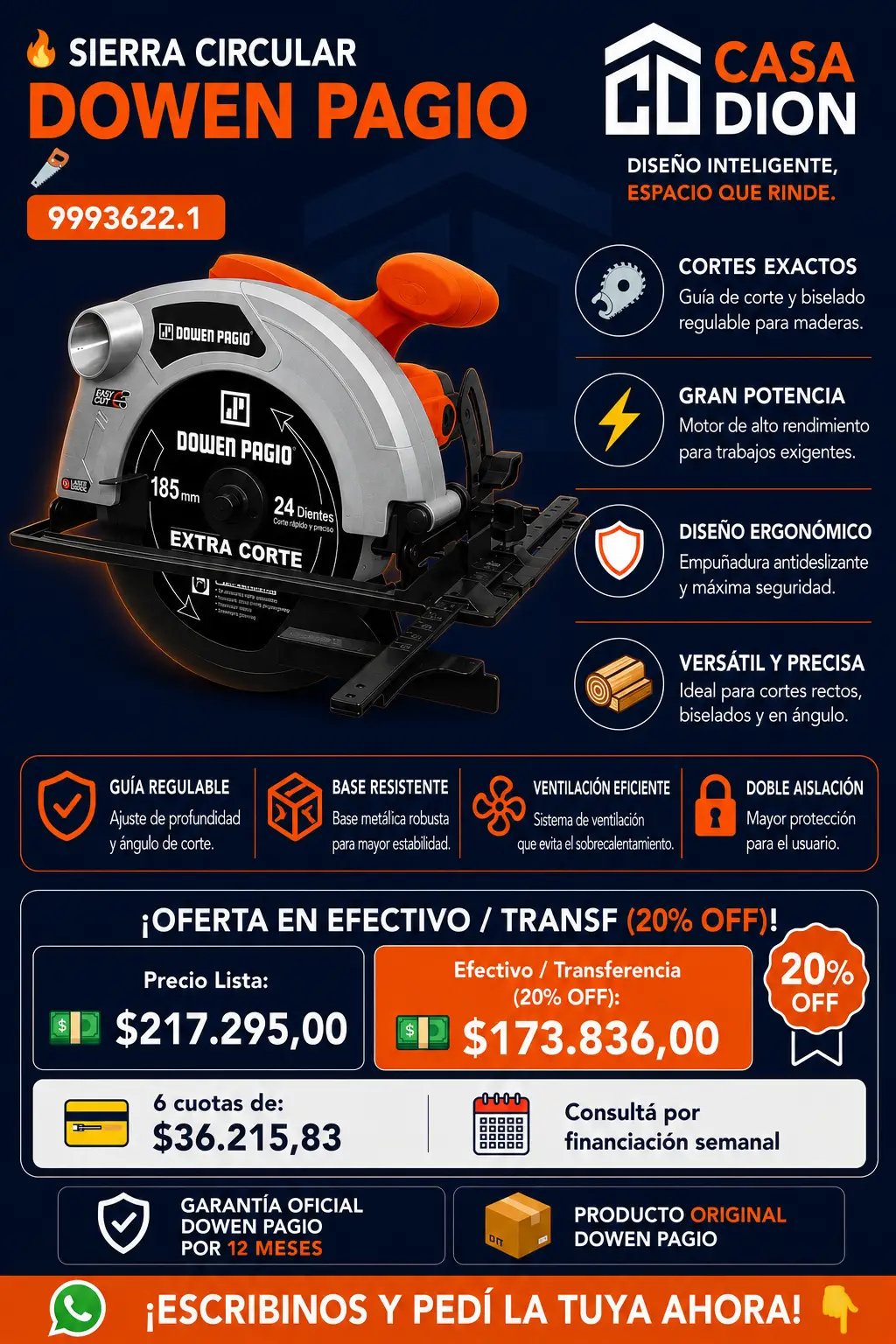 Sierra Circular Dowen Pagio 185 mm 1500W Cód. 9993622.1 - Modelo SC185SP Con Disco Y Guía
