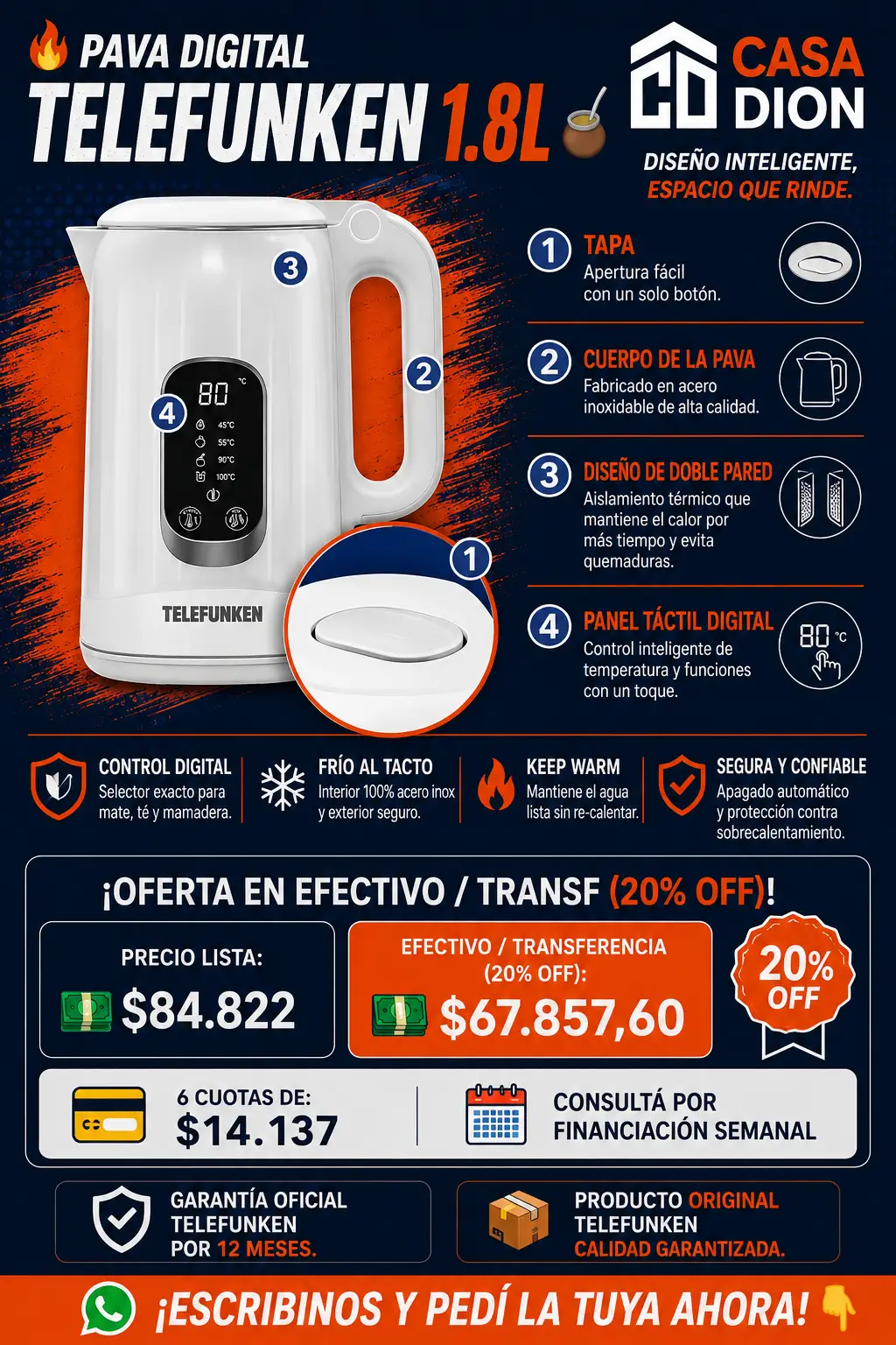 Pava Eléctrica Digital Telefunken 1.8L - Panel Táctil Y Control De Temperatura Para Mate