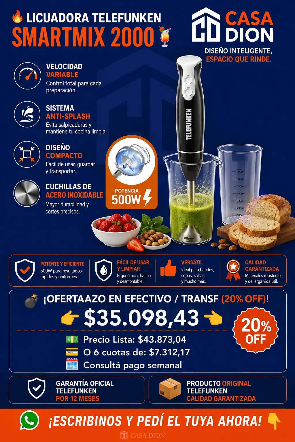 Licuadora De Mano Mixer Telefunken SmartMix 2000 - 500W Con Vaso Medidor Y Velocidad Variable