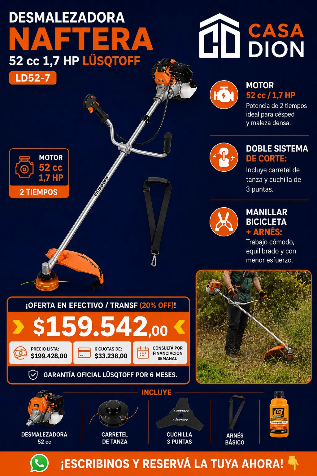 Desmalezadora Naftera 52 cc 1,7 HP Lüsqtoff Cód. LD52-7ON - Con Cuchilla Y Carretel De Tanza