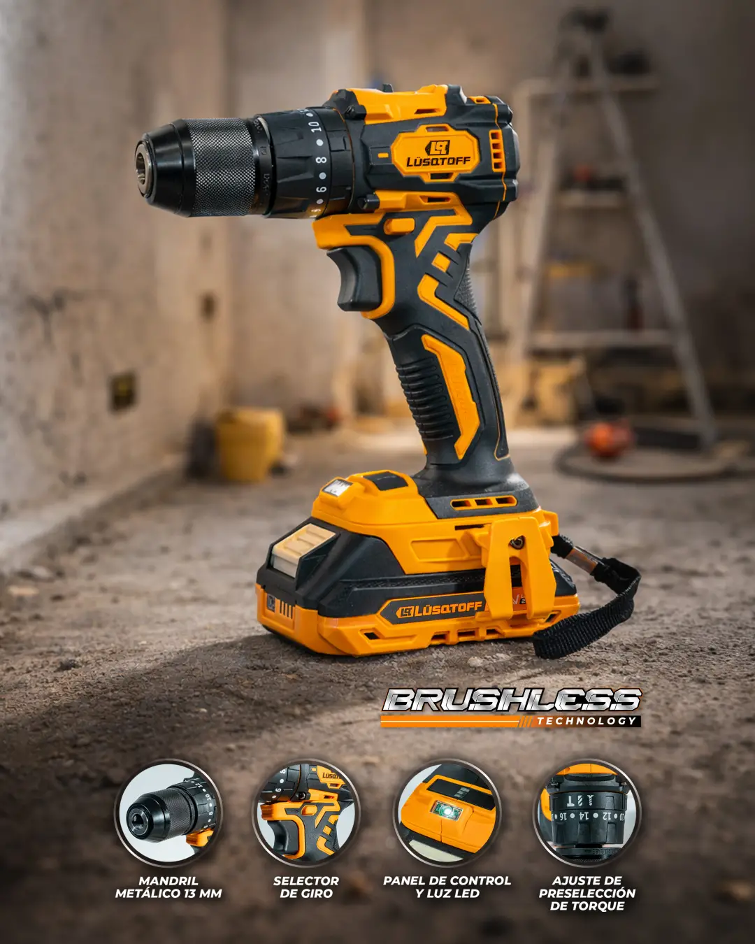 Taladro Atornillador Percutor Inalámbrico Lüsqtoff 18V Cód. TIL45-8BK - 45 Nm Con Maletín
