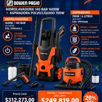 Combo - Hidrolavadora Alta Presión 140 Bar 1600W + Aspiradora Polvo Y Líquido 6L 700W