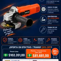 Amoladora Angular Dowen Pagio 900W 115 mm Cód. 9993220.7 - Motor High Power Y Traba De Eje