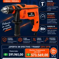 Taladro Percutor Eléctrico De 13 mm 800W Dowen Pagio Cód. 9993814 - Velocidad Variable Y Reversible